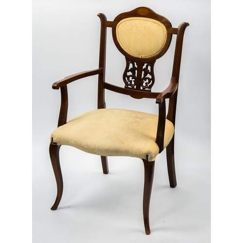 74 - TWO EDWARDIAN INLAID MAHOGANY DRAWING ROOM OPEN ARMCHAIRS, each with padded back to the line inlaid ... 