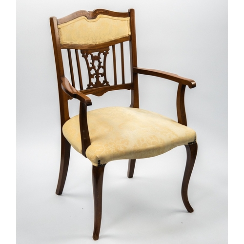 74 - TWO EDWARDIAN INLAID MAHOGANY DRAWING ROOM OPEN ARMCHAIRS, each with padded back to the line inlaid ... 
