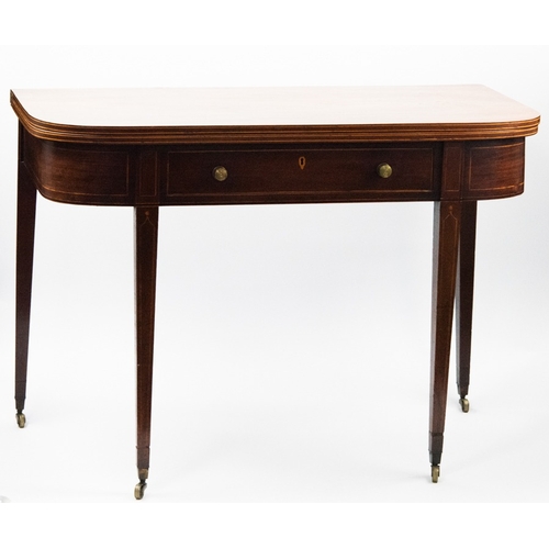 70 - GEORGE III LINE INLAID MAHOGANY TEA TABLE, the D shaped, fold-over top with double supports and gree... 