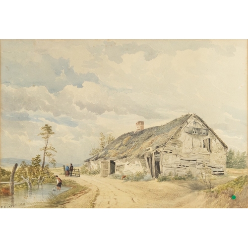 114 - F BEATTIE (LATE NINETEENTH CENTURY) WATERCOLOURRural scene with derelict barn and figures around a p... 