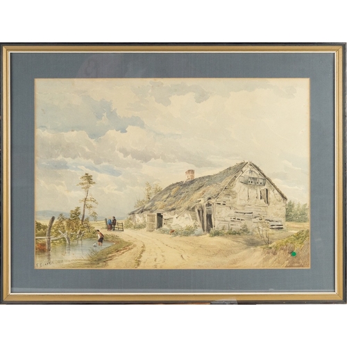 114 - F BEATTIE (LATE NINETEENTH CENTURY) WATERCOLOURRural scene with derelict barn and figures around a p... 