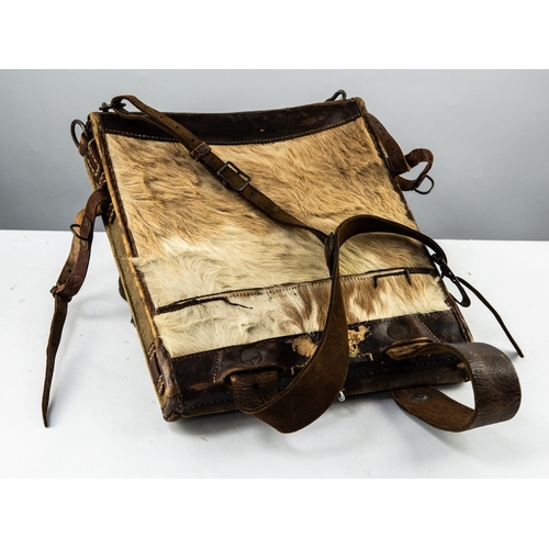 1 - WWI/WWII GERMAN KHAKI FABRIC BACKPACK with brown leather trim and adjustable shoulder straps, the fl... 