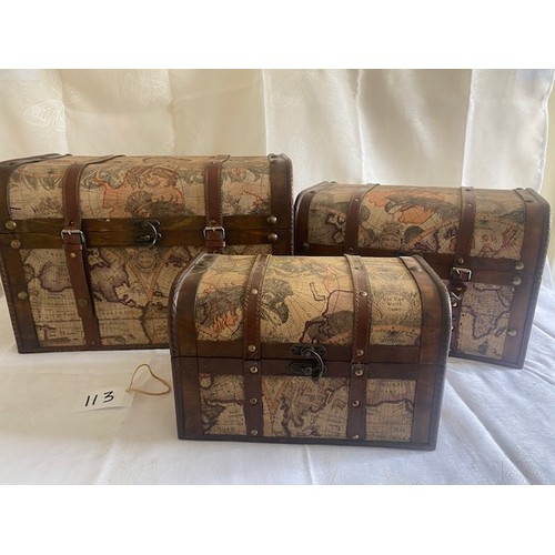 113 - Set of 3 Wooden Storage Chest & Vintage Trunks, Victorian Map Print - Contains Large, Medium and Sma... 