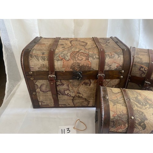 113 - Set of 3 Wooden Storage Chest & Vintage Trunks, Victorian Map Print - Contains Large, Medium and Sma... 