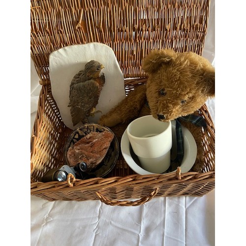 228 - Picnic Basket with misc items including teddy bear