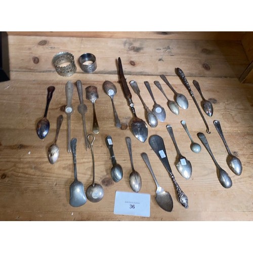 36 - Collection of spoons & 2 x napkin rings (some silver plated)