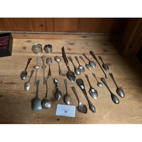 36 - Collection of spoons & 2 x napkin rings (some silver plated)