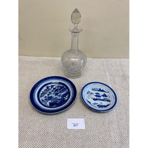 217 - Glass decanter & 2 x plates