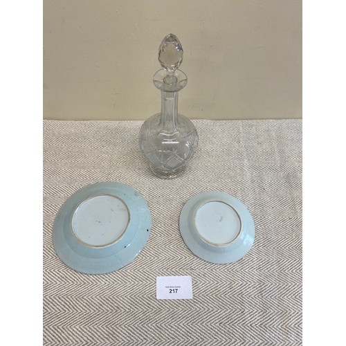 217 - Glass decanter & 2 x plates