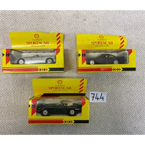 744 - Shell sports car classic boxed diecast toy cars -BMW 21, Porshe 959, Jaguar E Cabriolet