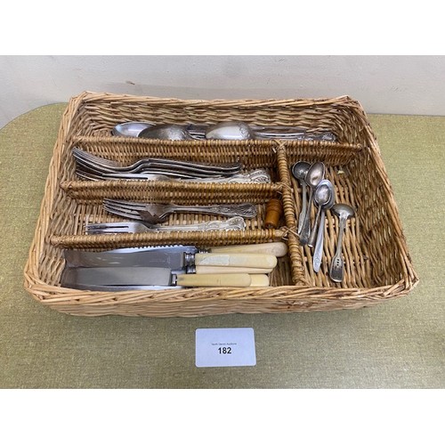 182 - Wicker tray with knife and forks - mostly ESPN & 1 x silver teaspoon - Section S1