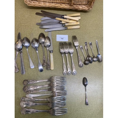 182 - Wicker tray with knife and forks - mostly ESPN & 1 x silver teaspoon - Section S1