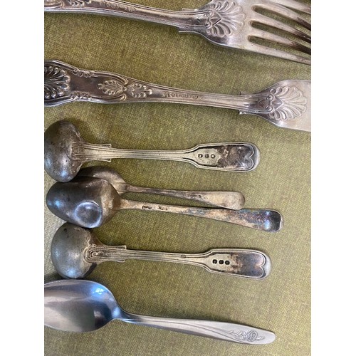 182 - Wicker tray with knife and forks - mostly ESPN & 1 x silver teaspoon - Section S1