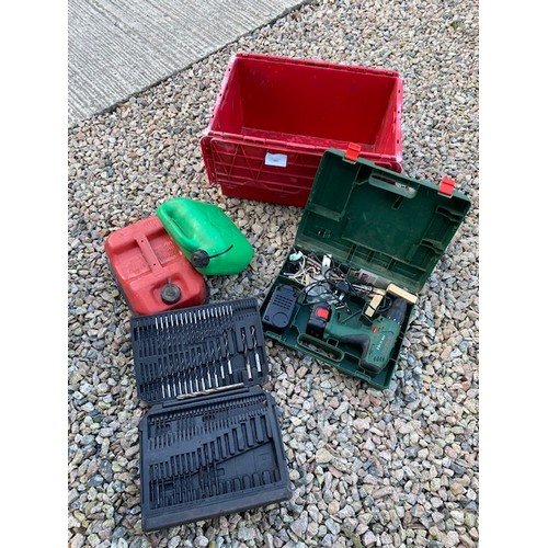 201 - Drill, Drill bits & 2 x Jerry cans - Section S9