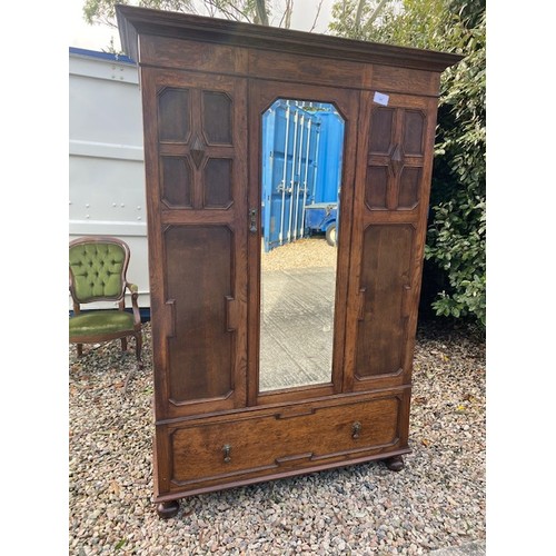 439 - Large Antique Oak wardrobe with drawer under and insert mirror - Section S6