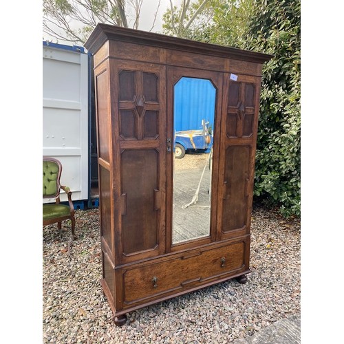 439 - Large Antique Oak wardrobe with drawer under and insert mirror - Section S6