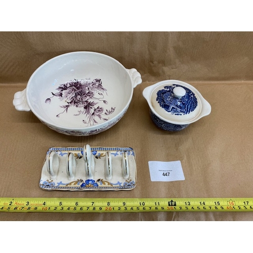 447 - Royal Staffordshire toast rack, Wedgewood - Avon Cottage bowl with lid & Clarice Cliff Harvest Dinne... 