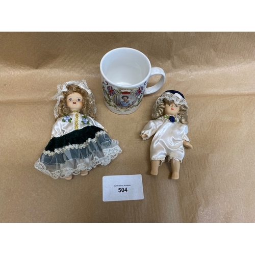 504 - 2 X Small China dolls + Commemorative mug- Section O6