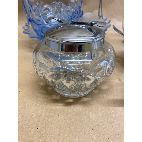 571 - Misc collection of items including: 2 x Dressing bottles. Glass sugar bowl with lid & EPNS Spoon, 2 ... 