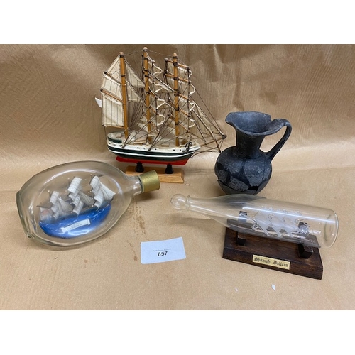 657 - Wooden Ship model, ‘Broken’ Jug and 2 x ships in a bottle - Section O2