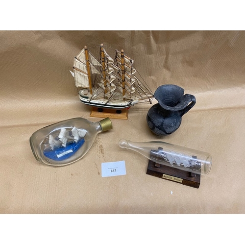 657 - Wooden Ship model, ‘Broken’ Jug and 2 x ships in a bottle - Section O2