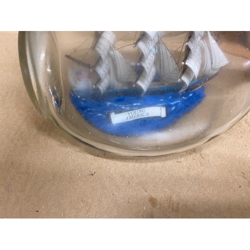 657 - Wooden Ship model, ‘Broken’ Jug and 2 x ships in a bottle - Section O2