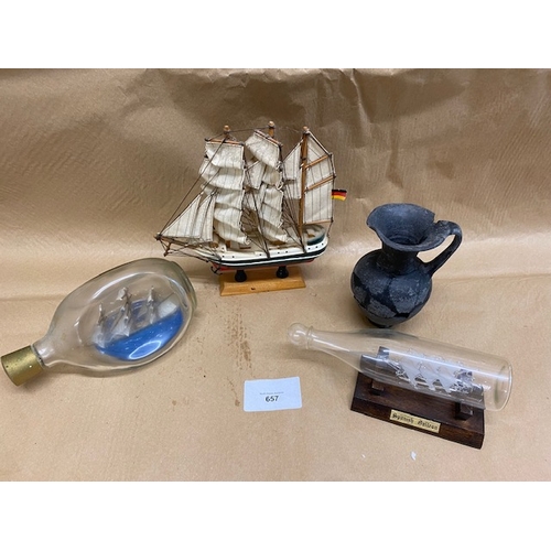 657 - Wooden Ship model, ‘Broken’ Jug and 2 x ships in a bottle - Section O2