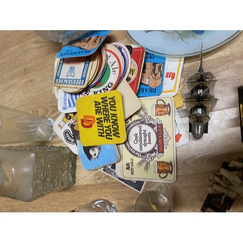 469 - Large collection of Misc items including vintage beer mats, model ships & Laphroaig Whisky glasses -... 