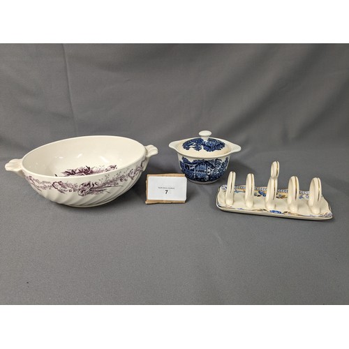 7 - Royal Staffordshire toast rack, Wedgewood - Avon Cottage bowl with lid & Clarice Cliff Harvest Dinne... 