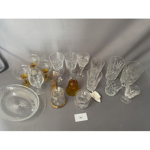 386 - Collection of various glass items including: A Vintage set of Amber Yellow Twisted Glasses Various C... 