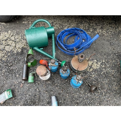 616 - Camping gas burners old oil cans , Hose pipe , watering can &  
Various tools - Viewing Section S3