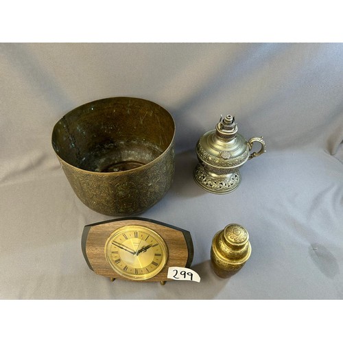 299 - Brass Flower pot, Oil Lamp, Clock & pot - Viewing section: O26