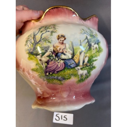 515 - Staffordshire ironstone plant pot - pink with countryside scene  - Viewing Section: O33