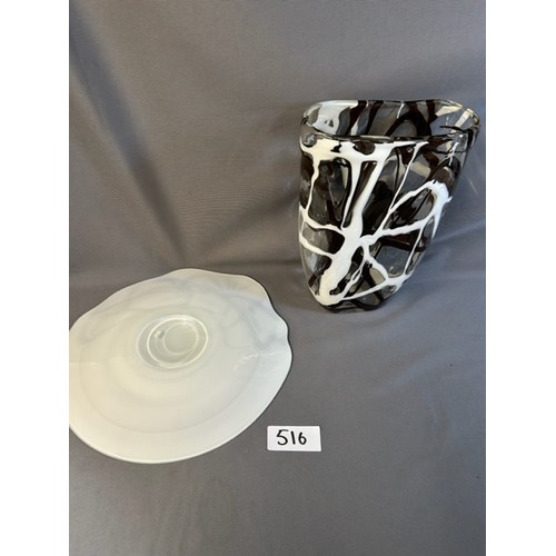 516 - Decorative brown and white glazed glass vase and matching plate  - Viewing section: O7