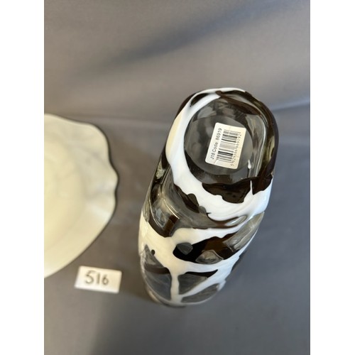 516 - Decorative brown and white glazed glass vase and matching plate  - Viewing section: O7