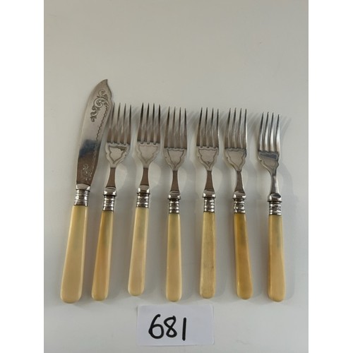 681 - Vintage cutlery with hallmarked silver bands - 1 x Knife & 6 x Forks - Viewing Section: O1