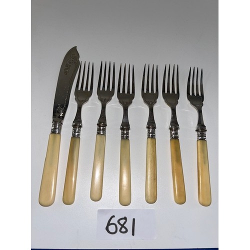 681 - Vintage cutlery with hallmarked silver bands - 1 x Knife & 6 x Forks - Viewing Section: O1