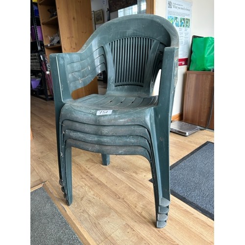 751 - 4 X stackable green garden chairs - Viewing Section: OS