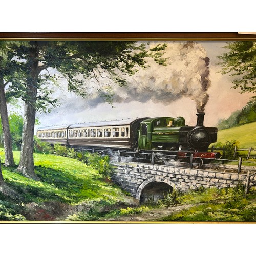 17 - Oil on canvas Train painting signed 