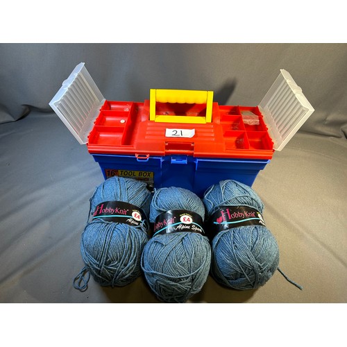 21 - Tool box full of sewing accessories and a bag of wool - Viewing Section: O16