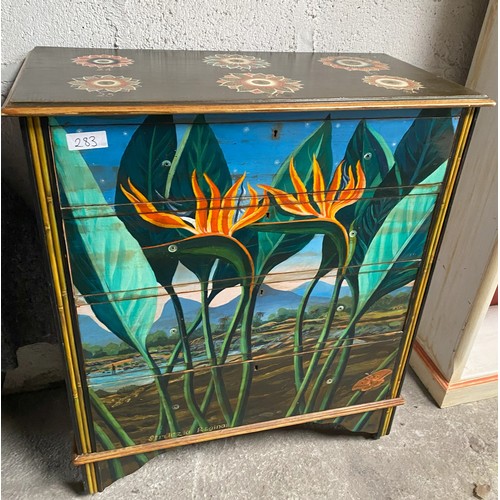 283 - Hand painted chest of drawers - missing knobs + caster 92 x 45 x 108cm Approx. - Viewing Section: S5