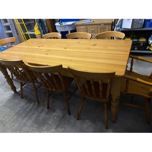 4 - Large Pine Table with 6 chairs + 2 x Carvers - 195 x 92 x 78 cm approx. - Viewing Section S8