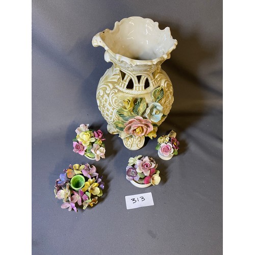 313 - Vintage cape de monte vase& other glazed flower decorations - Viewing Section: O38