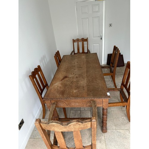 81 - Antique carved table with drawer + 6 chairs (77H x 183W x 91D cm approx.) - Viewing Section: S8