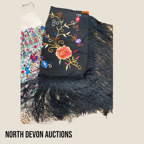 305 - 2 x ladys shawls  - Over 100 years old. One black one cream, heavily embroided on pure silk. - Viewi... 