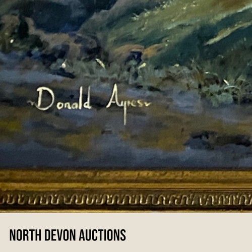 308 - Oil on canvas painting, in a heavy, ornate guilt frame - Painted by Donald Ayres (See label on the b... 