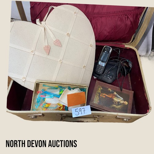 597 - Vintage suitcase with antique hair roller pins, heart pinboard & Gigaset answerphone - Viewing secti... 