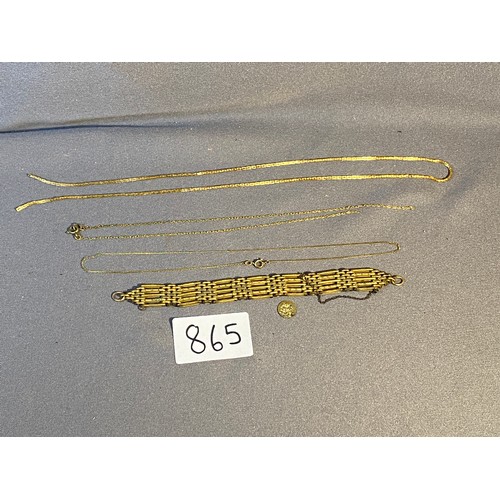 865 - 3 x Gold coloured necklaces, 1 x Gold coloured bracelet + a coloured gold pendent - Viewing Section:... 