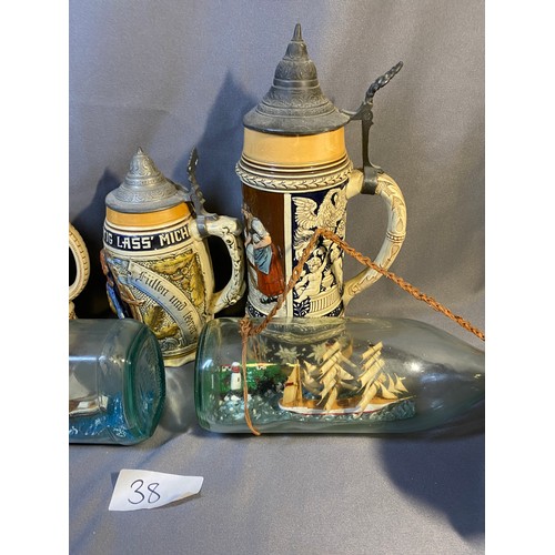 38 - 3 x Steins, 2 x Ships in bottles, 2 x Toby Jugs - Viewing Section: O37