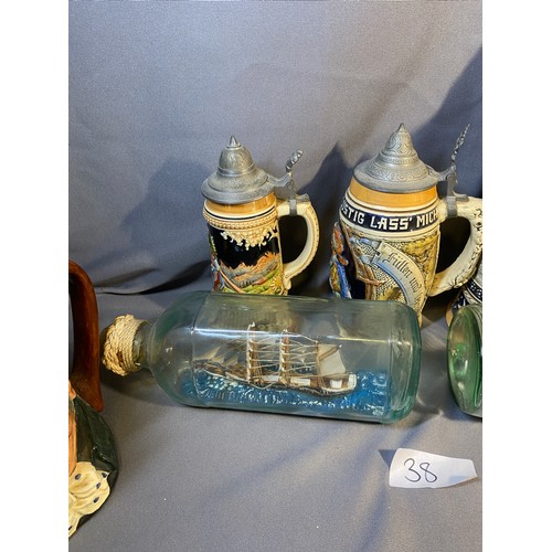 38 - 3 x Steins, 2 x Ships in bottles, 2 x Toby Jugs - Viewing Section: O37